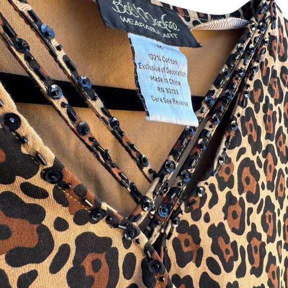 Bob Mackie Wearable Art Vintage Womens Leopard Print Sequin V Neck Knit Blouse M - Picture 5 of 9